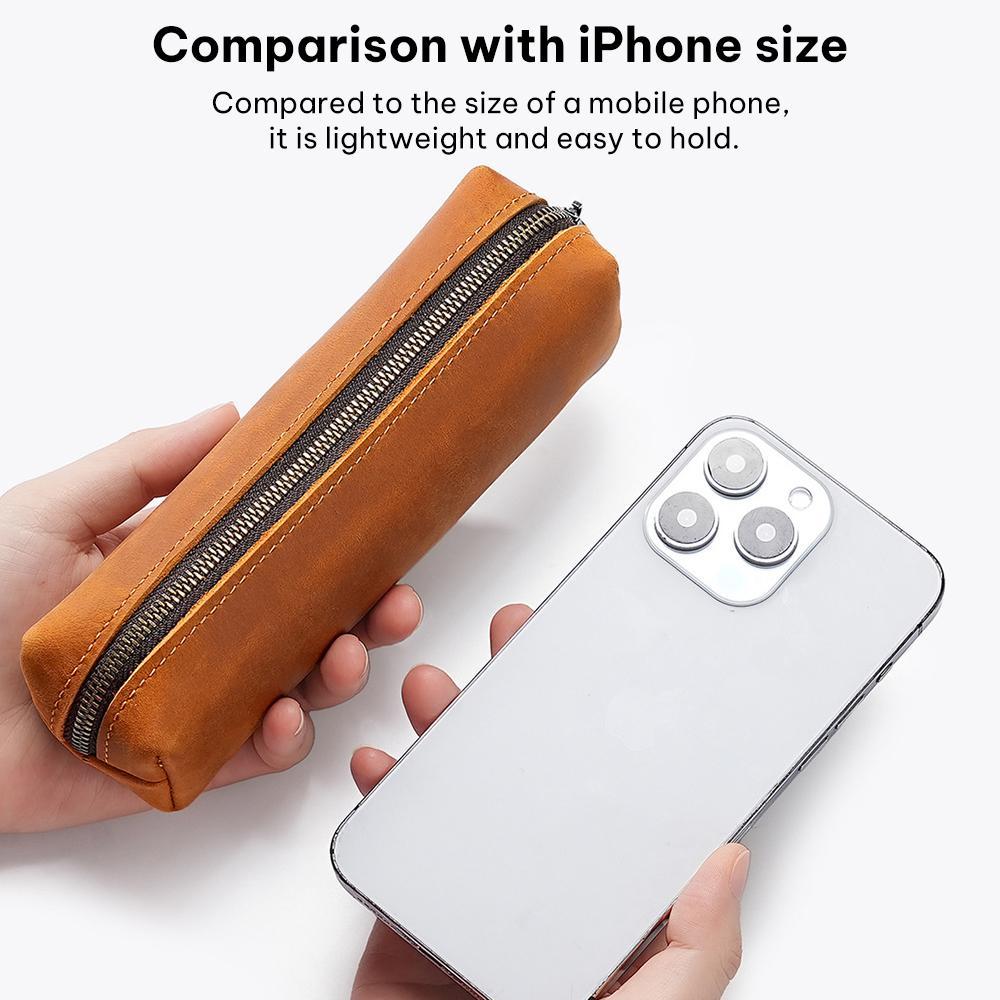 Premium Crazy Horse Leather Pencil Case Zippered Stationery Organizer 7