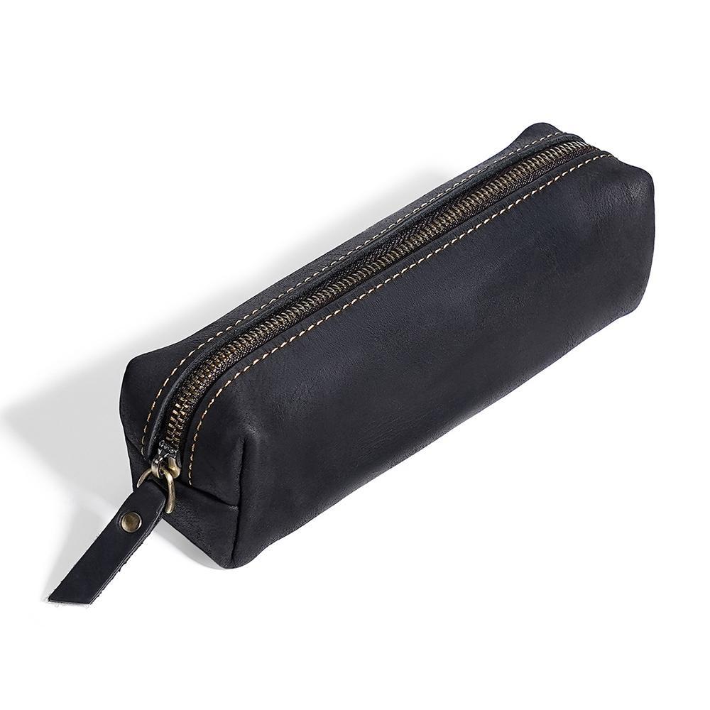 Premium Crazy Horse Leather Pencil Case Zippered Stationery Organizer 10