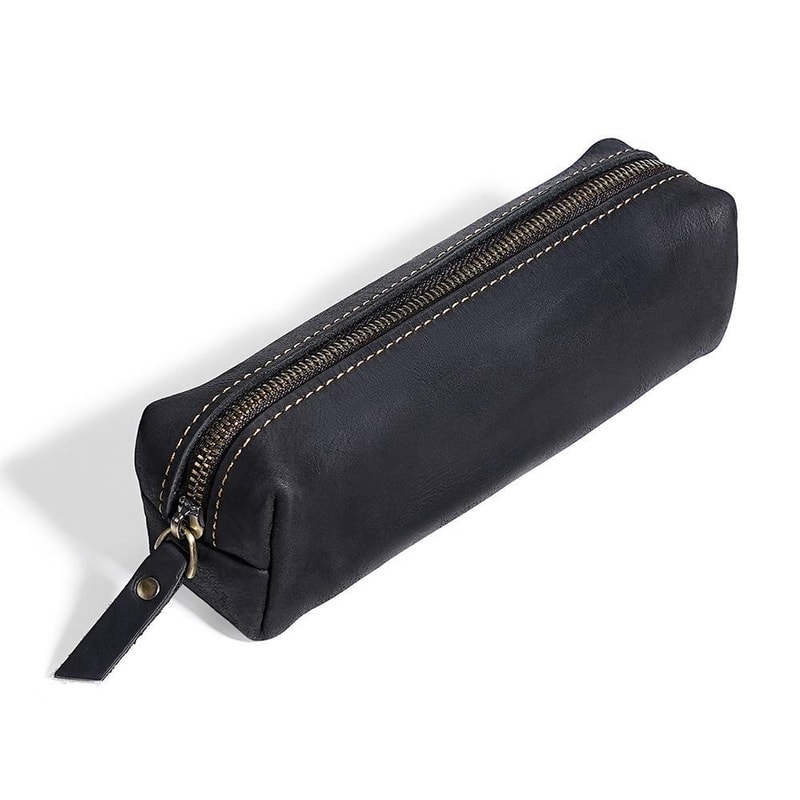 Premium Crazy Horse Leather Pencil Case Zippered Stationery Organizer 10