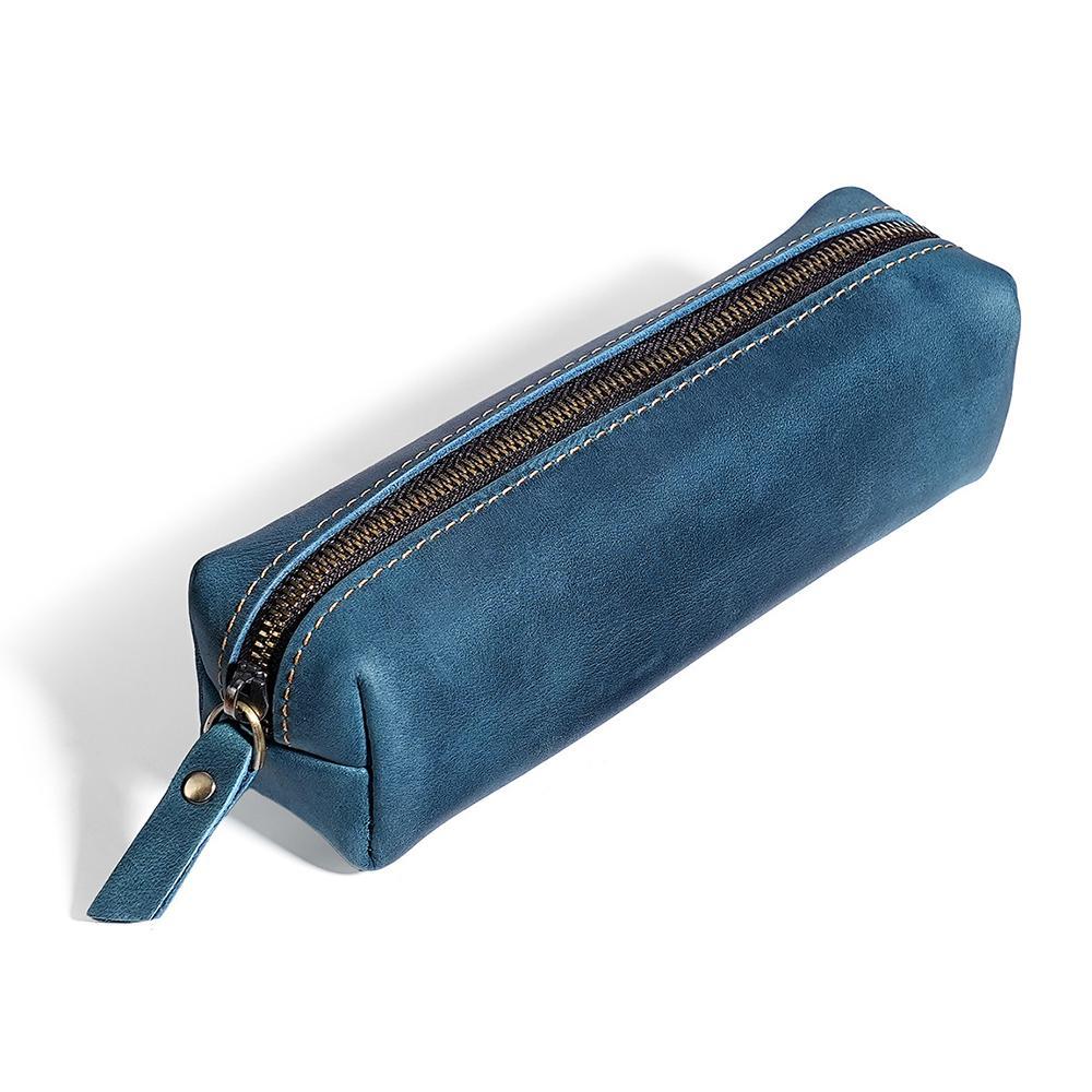 Premium Crazy Horse Leather Pencil Case Zippered Stationery Organizer 13