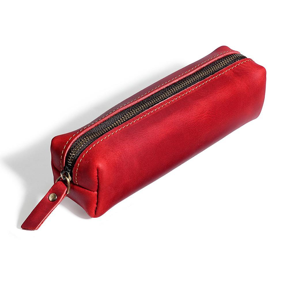 Premium Crazy Horse Leather Pencil Case Zippered Stationery Organizer 12