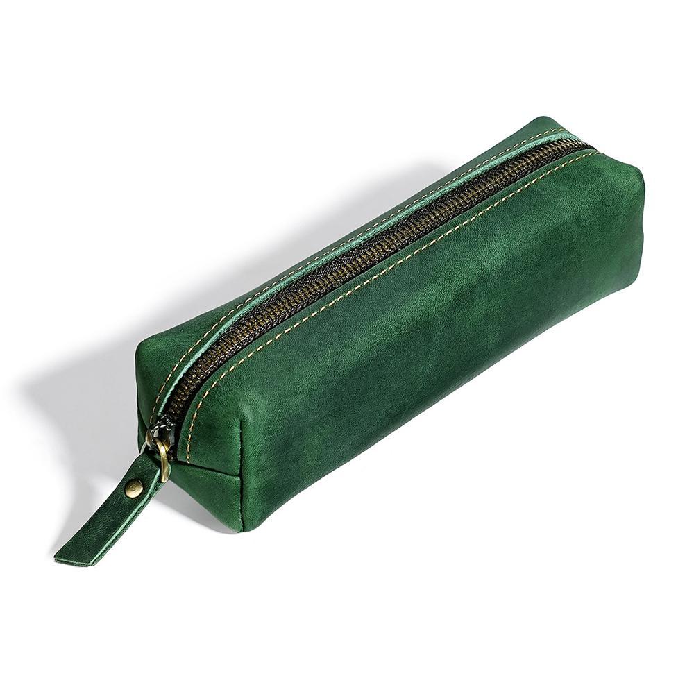 Premium Crazy Horse Leather Pencil Case Zippered Stationery Organizer 14