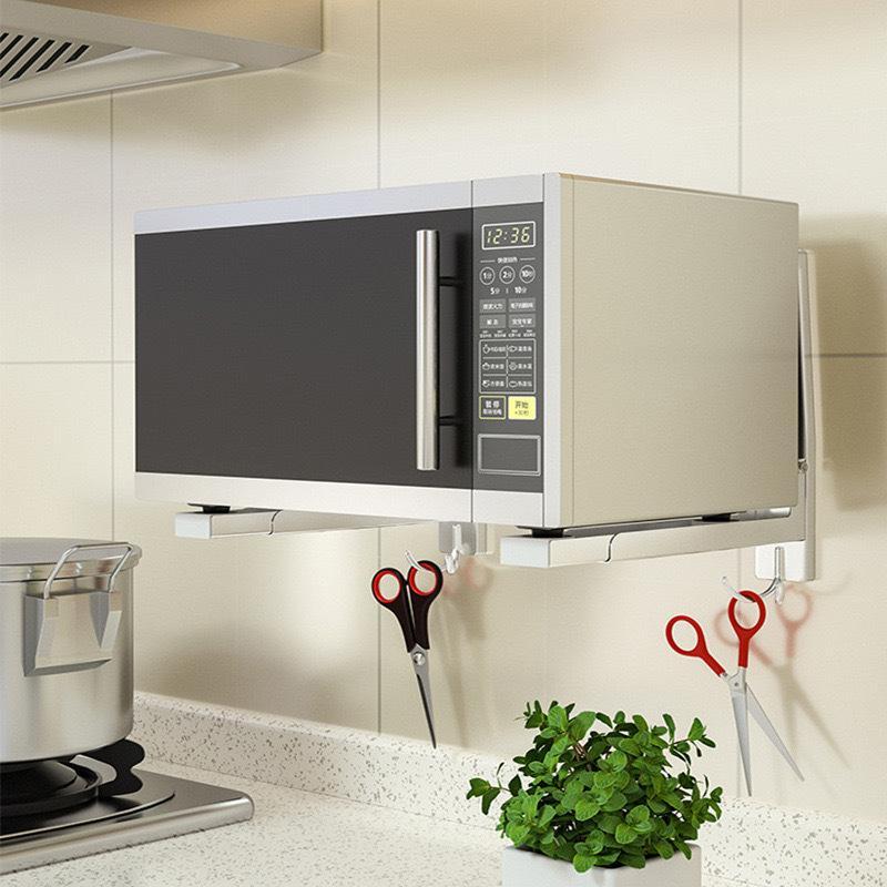Adjustable Wall Mounted Microwave Shelf Stainless Steel Organizer with Hooks