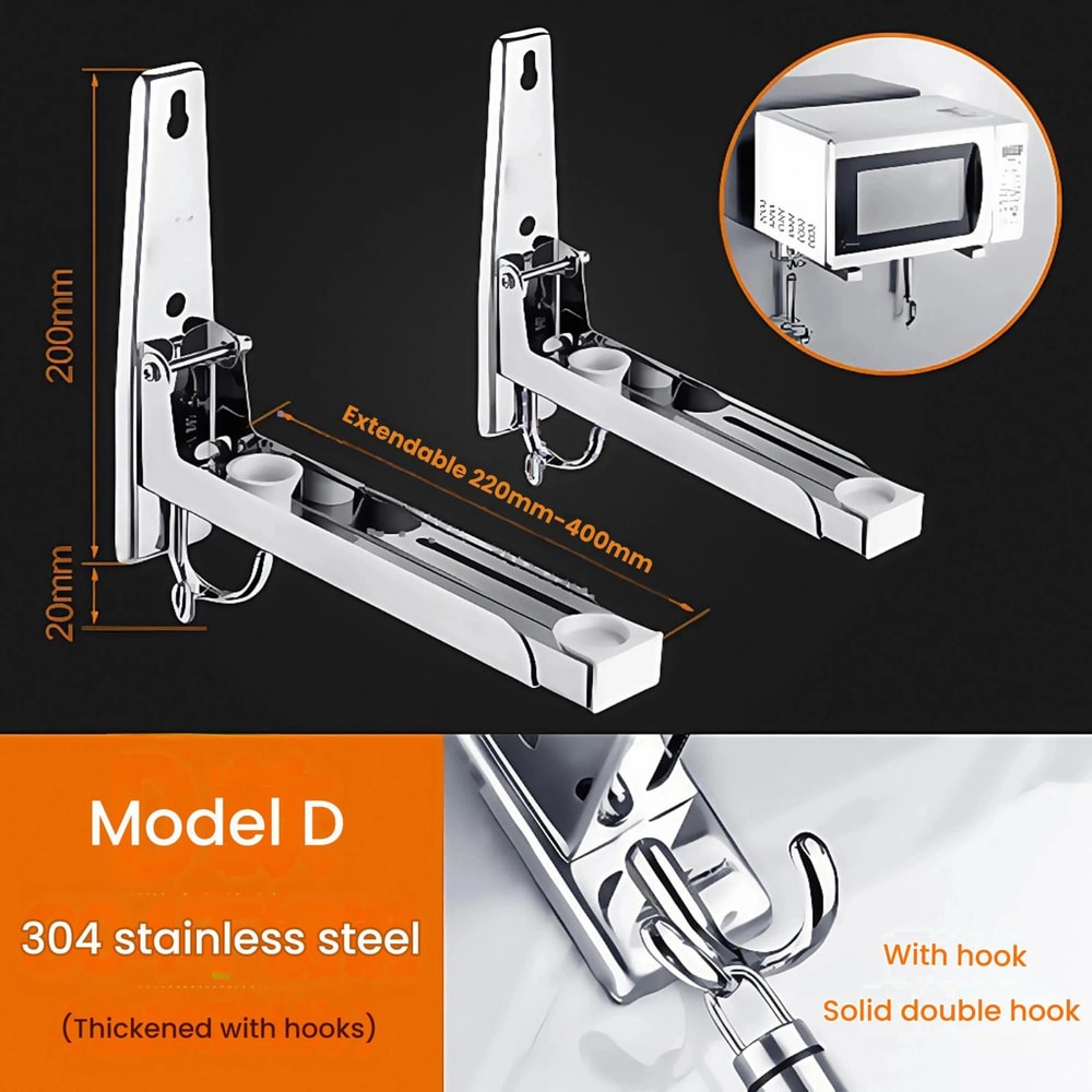 Adjustable Wall Mounted Microwave Shelf Stainless Steel Organizer with Hooks