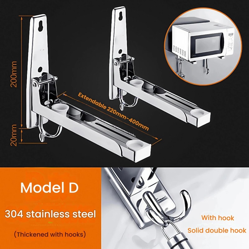 Adjustable Wall Mounted Microwave Shelf Stainless Steel Organizer with Hooks