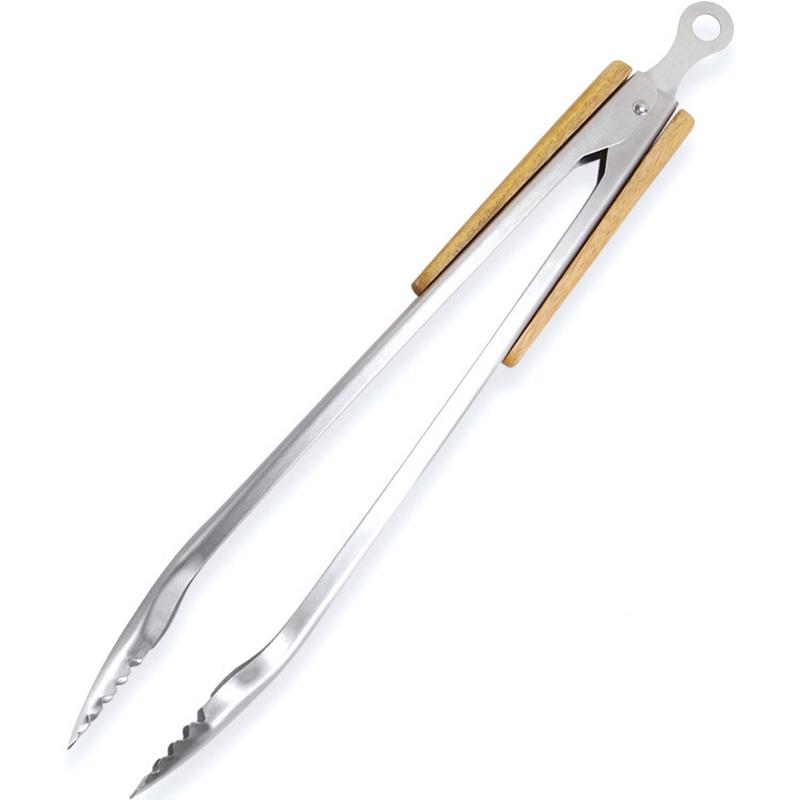 Premium Stainless Steel Food Tongs with Acacia Wood Handle Kitchen & Barbecue Clip