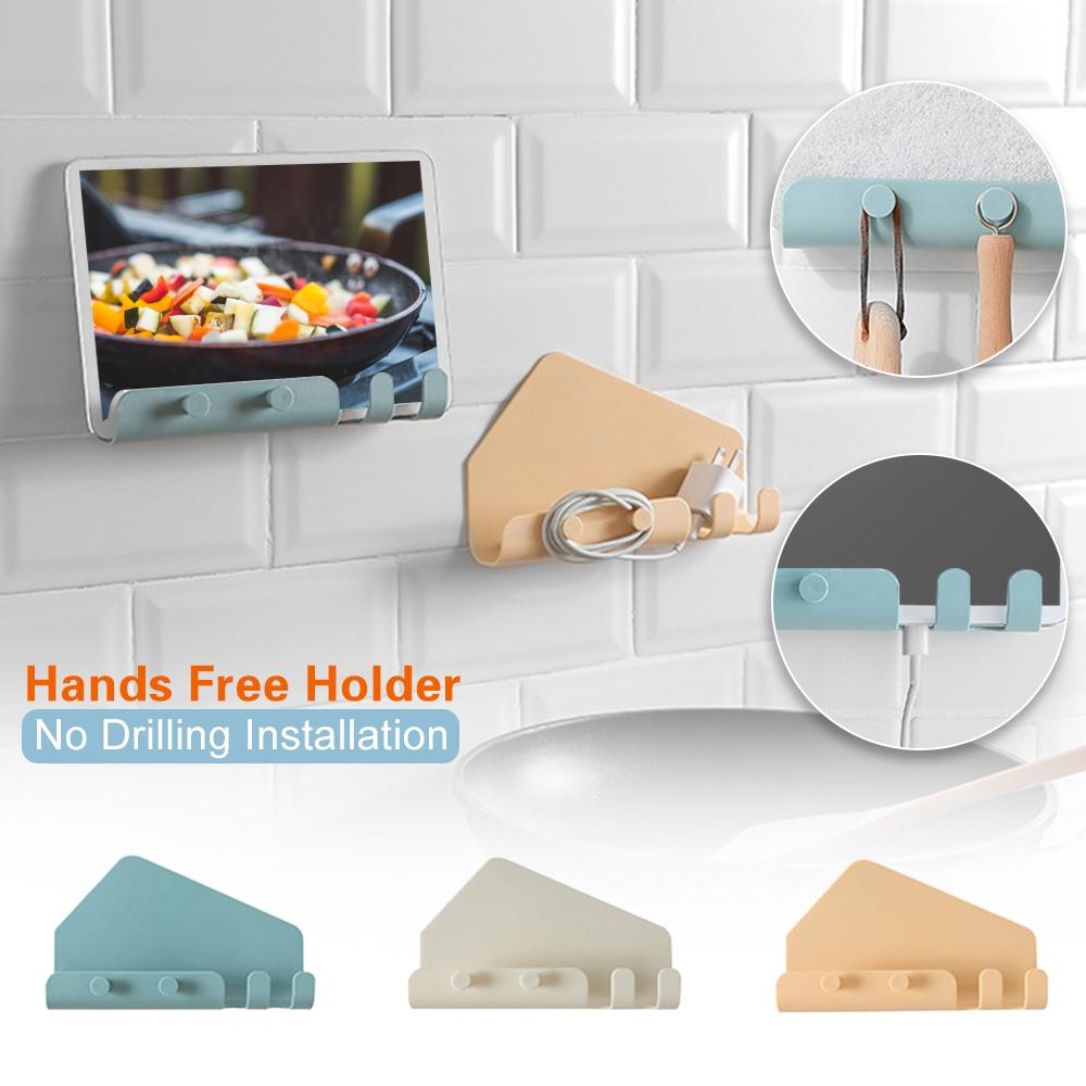 Wall Mounted Phone Holder with Hooks Self Adhesive Charging Stand