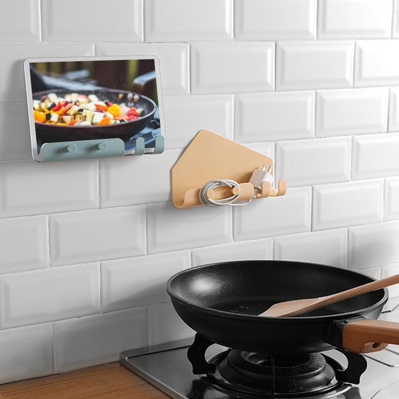 Wall Mounted Phone Holder with Hooks Self Adhesive Charging Stand