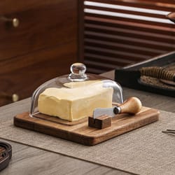 wood butter dish with glass lid and spreader knife