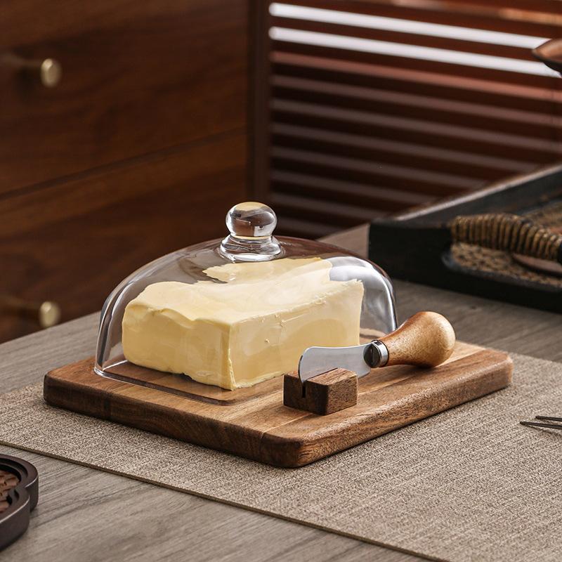 Wood Butter Dish With Glass Lid And Spreader Knife 0