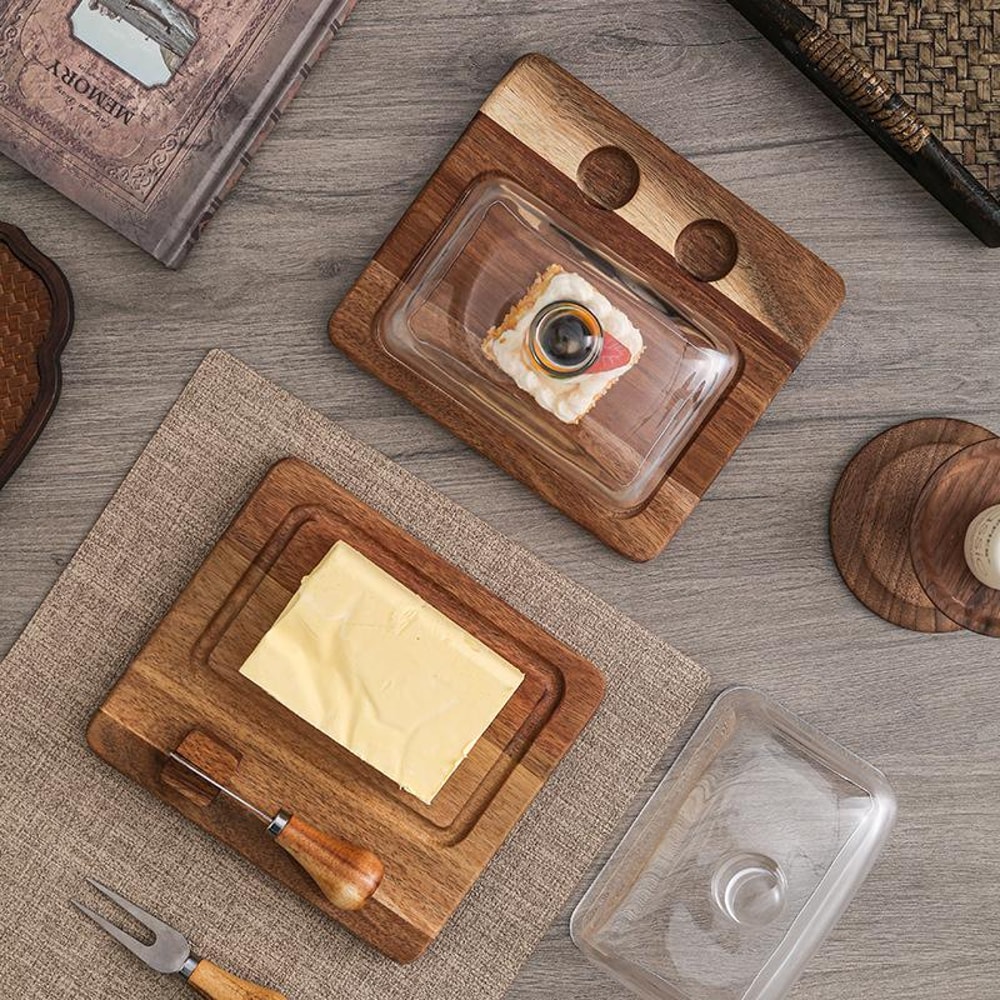 Wood Butter Dish With Glass Lid And Spreader Knife 3