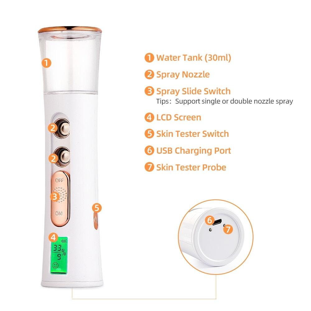 Dual Nozzle Nano Facial Mist Sprayer with Skin Moisture Tester