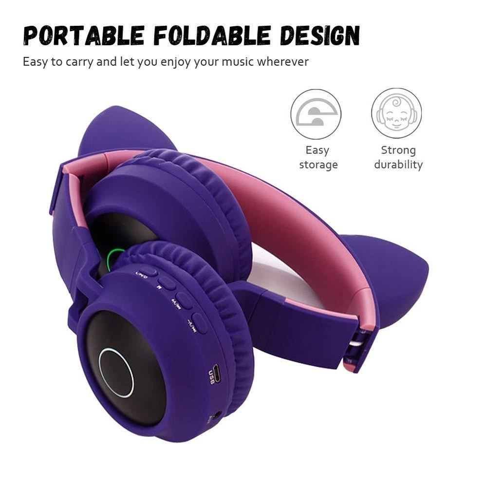 Foldable Cat Ear Bluetooth Headphones With LED Lights And Mic 11