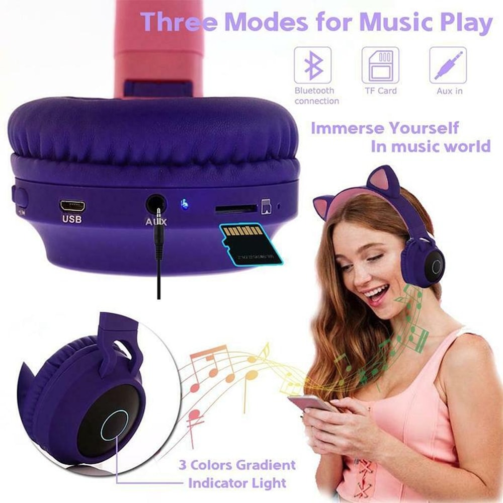 Foldable Cat Ear Bluetooth Headphones With LED Lights And Mic 1