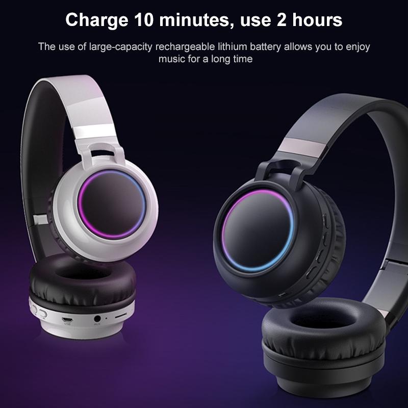 Colorful LED Bluetooth Headphones Foldable Wireless HiFi Stereo Headset with Mic