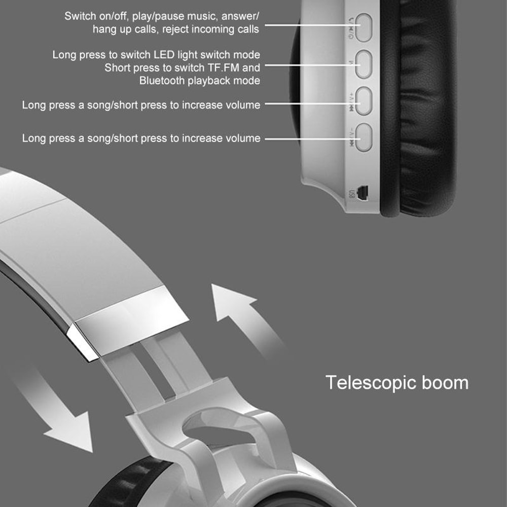 Colorful LED Bluetooth Headphones Foldable Wireless HiFi Stereo Headset with Mic