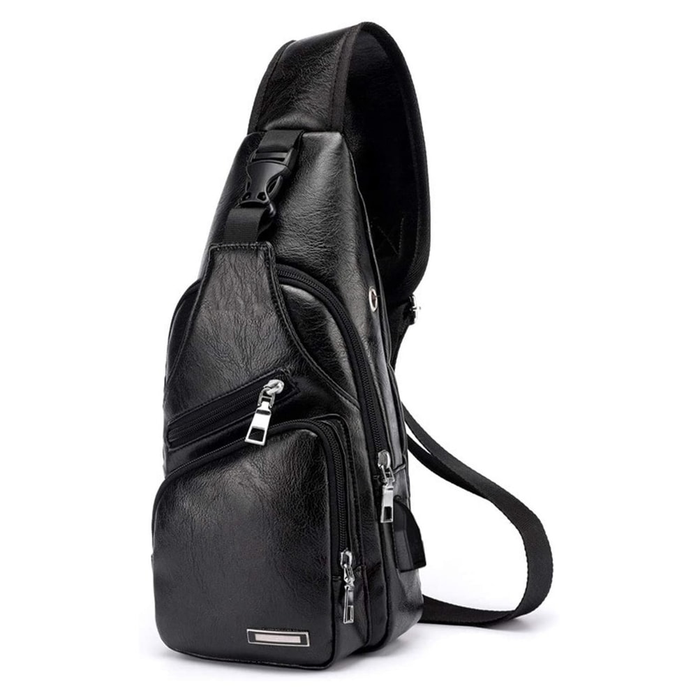 Waterproof PU Leather Mens Shoulder Bag With USB Charging Port 1