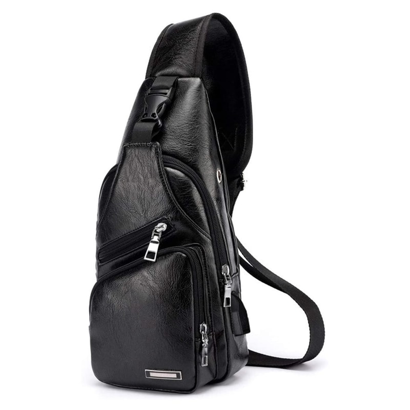 Waterproof PU Leather Mens Shoulder Bag With USB Charging Port 1