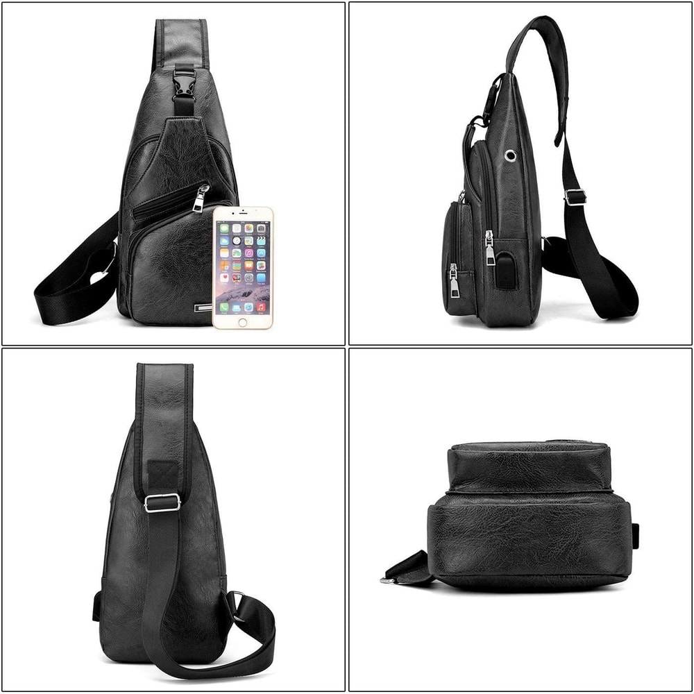 Waterproof PU Leather Mens Shoulder Bag With USB Charging Port 3