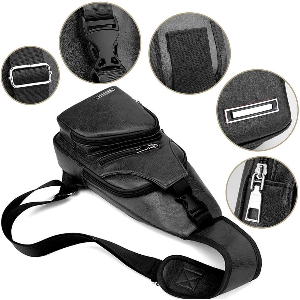 Waterproof PU Leather Mens Shoulder Bag With USB Charging Port 4
