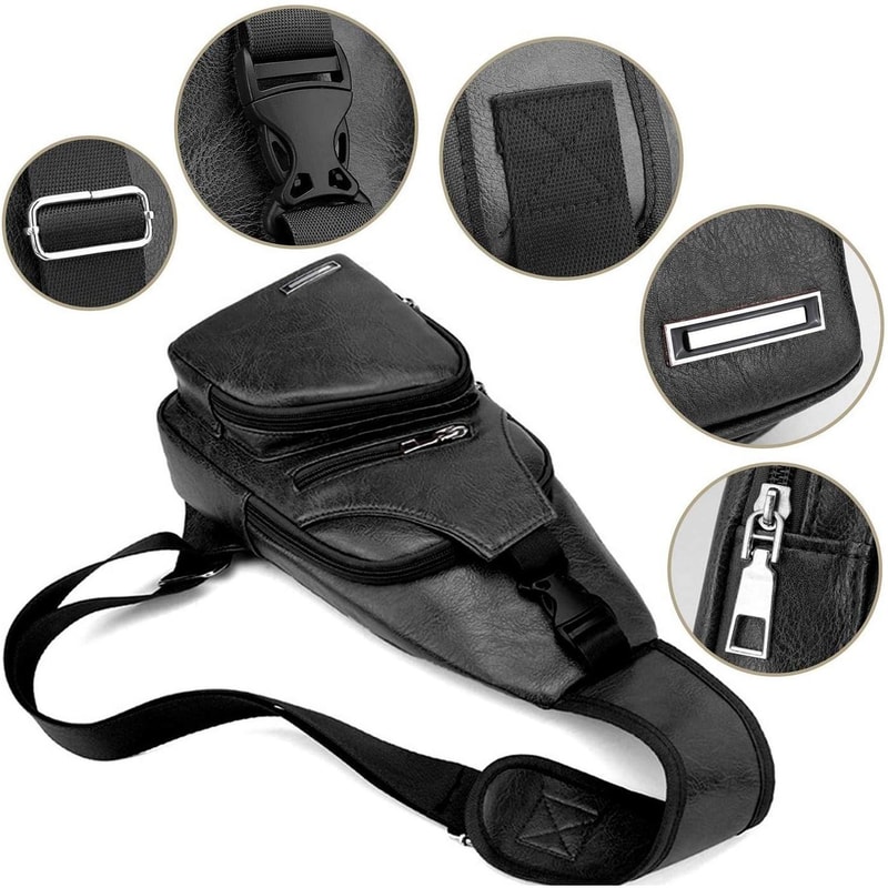 Waterproof PU Leather Mens Shoulder Bag With USB Charging Port 4