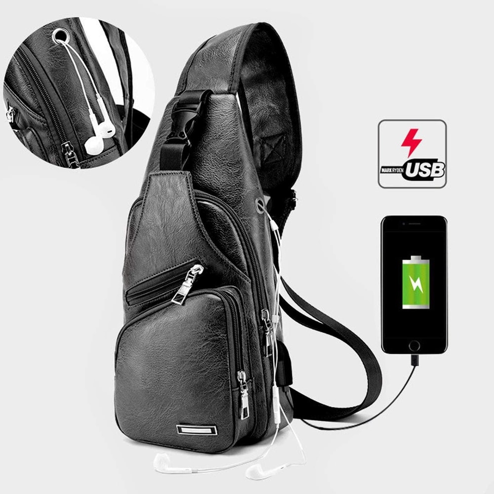 Waterproof PU Leather Mens Shoulder Bag With USB Charging Port 5