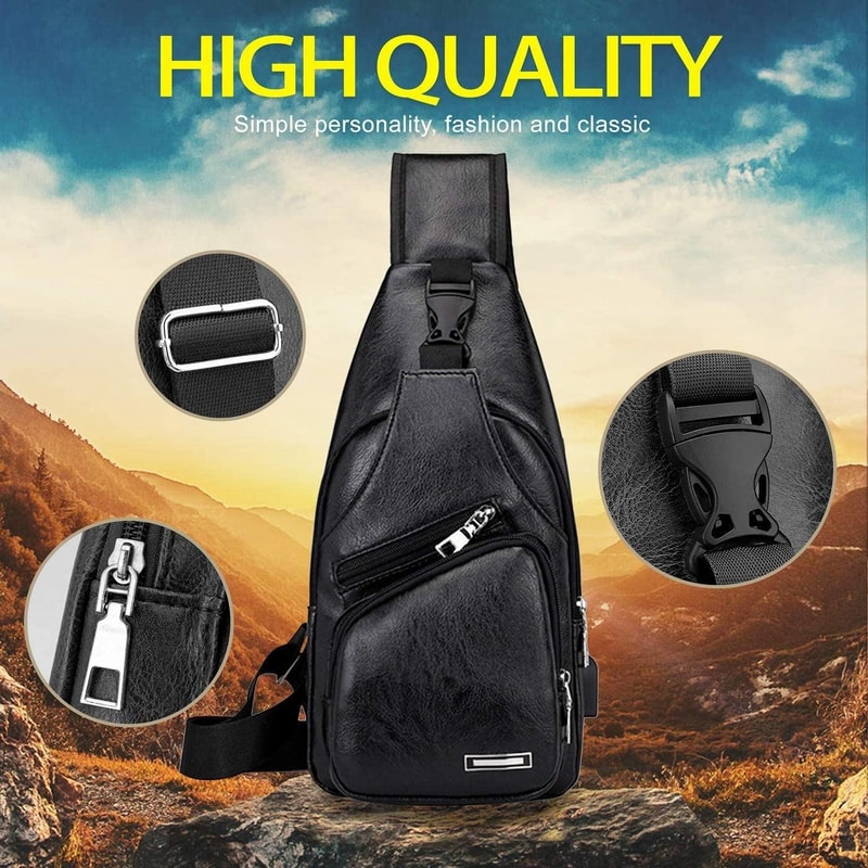 Waterproof PU Leather Mens Shoulder Bag With USB Charging Port 7