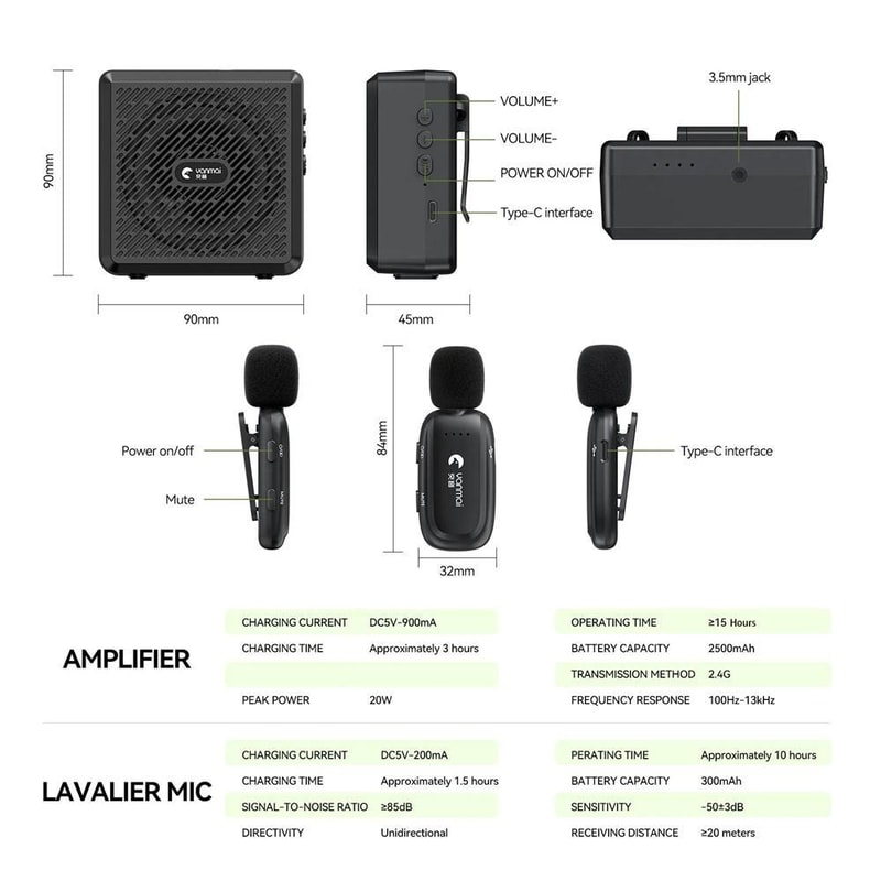 Wireless Bluetooth Voice Amplifier Lapel Microphone for Teaching & Training