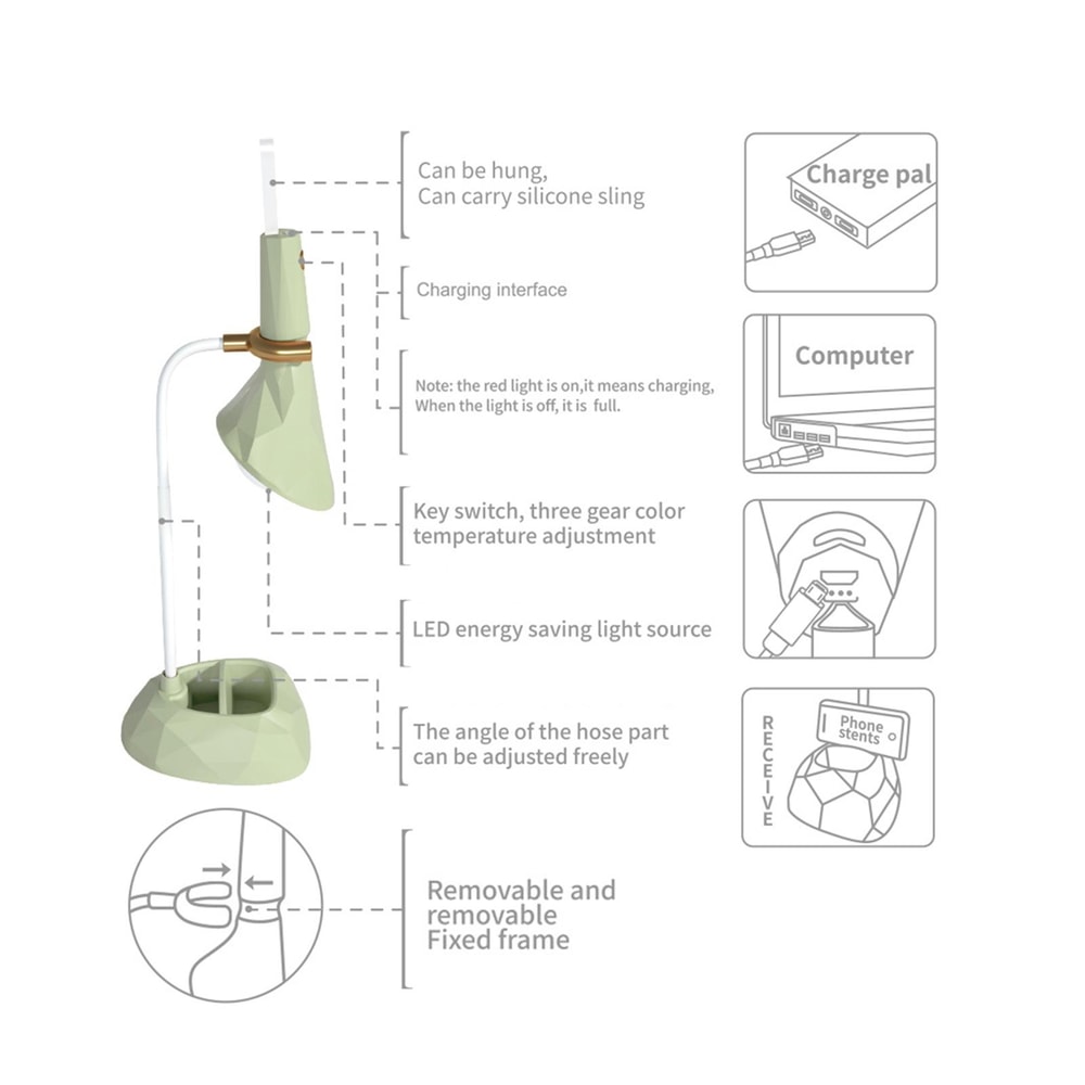 Portable Adjustable USB Desk Lamp Dimmable LED With Removable Base Color Temperature Night Light 8