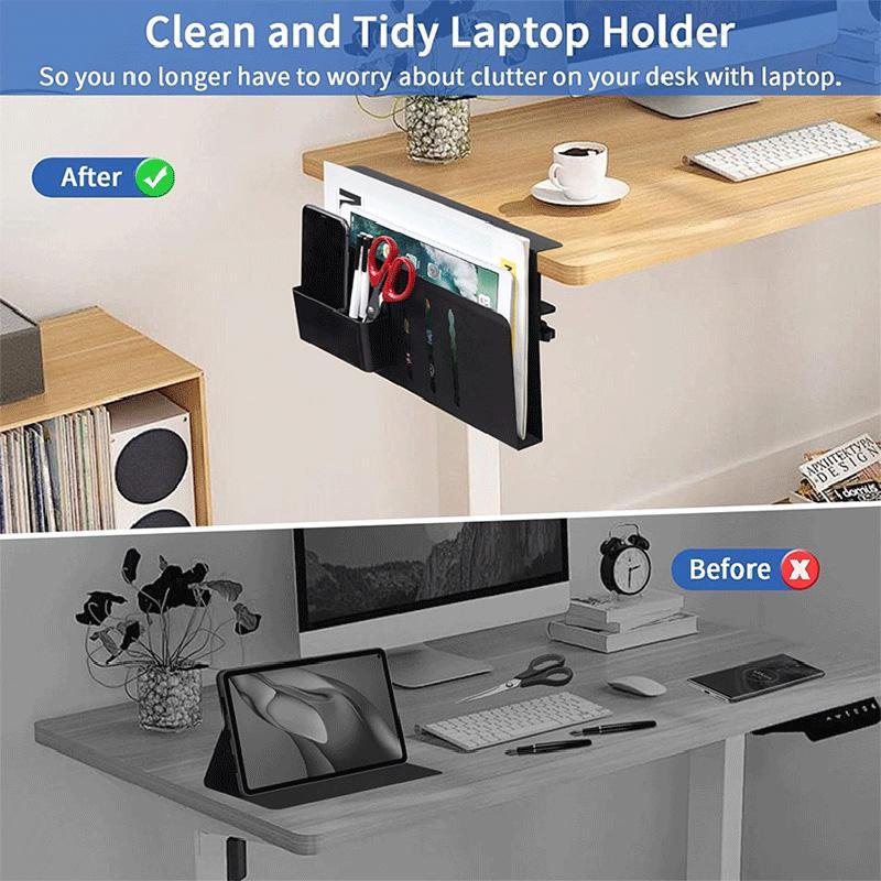 No Drill Laptop Holder Desk Side Storage Rack with Magnetic Pen Holder