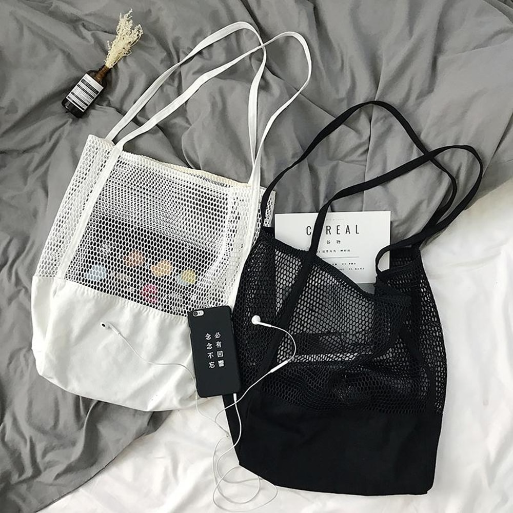 Transparent Mesh Shoulder Bag for Students Lightweight Black See Through School Bag