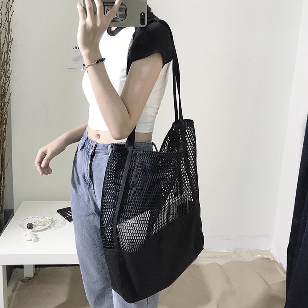 Transparent Mesh Shoulder Bag for Students Lightweight Black See Through School Bag