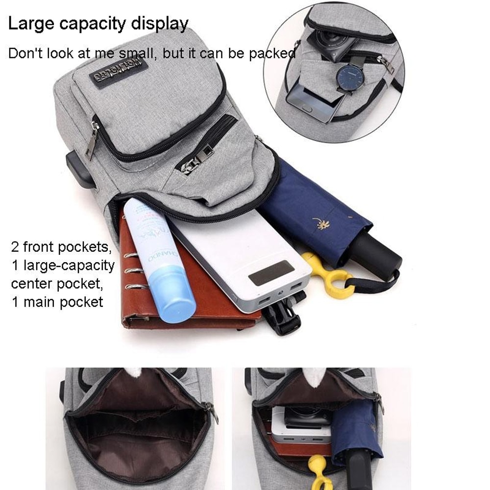 Men Chest Bag with USB Port Lightweight Crossbody Shoulder Sling