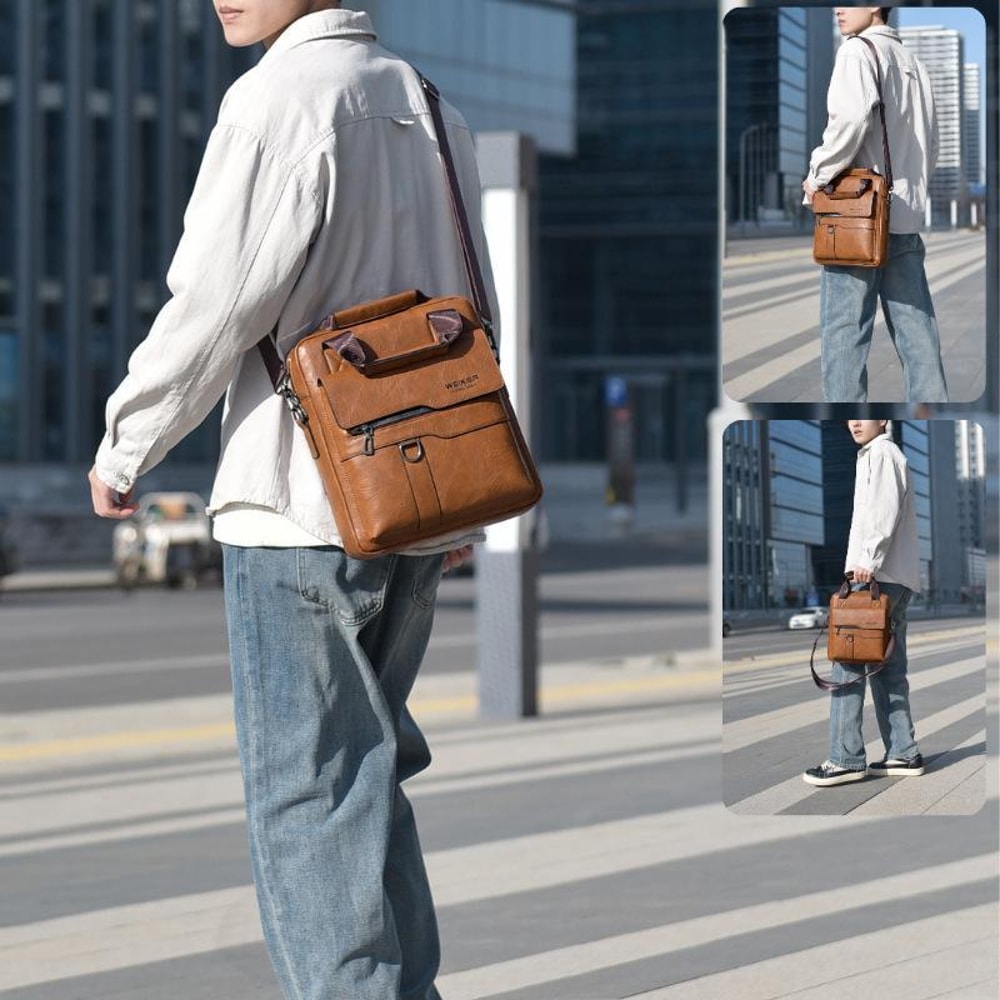 Mens PU Leather Vertical Messenger Bag for Work and Travel
