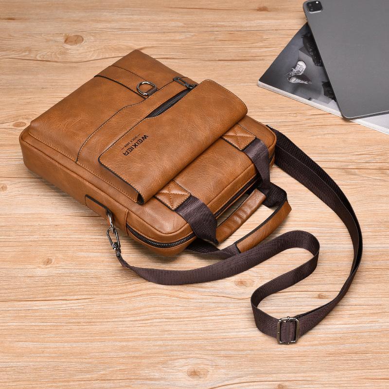 Mens PU Leather Vertical Messenger Bag for Work and Travel