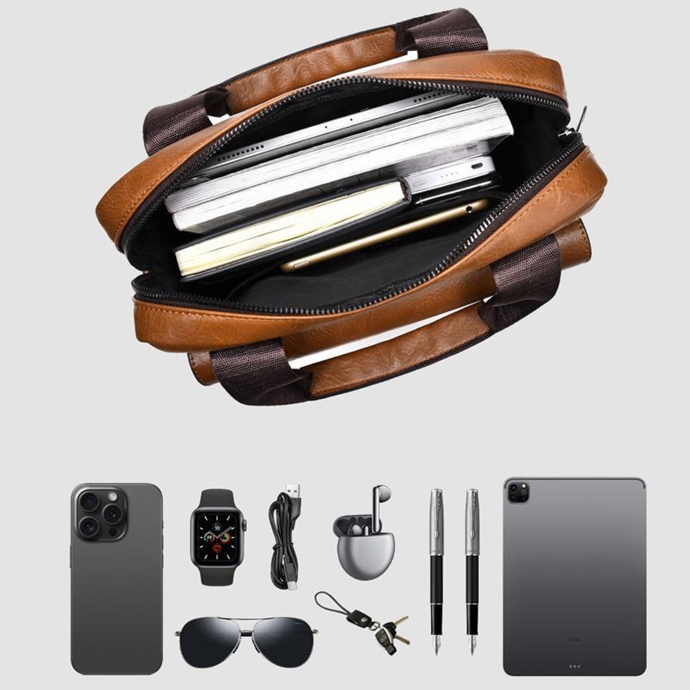 Mens PU Leather Vertical Messenger Bag for Work and Travel