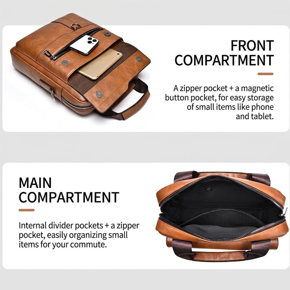 Mens PU Leather Vertical Messenger Bag for Work and Travel