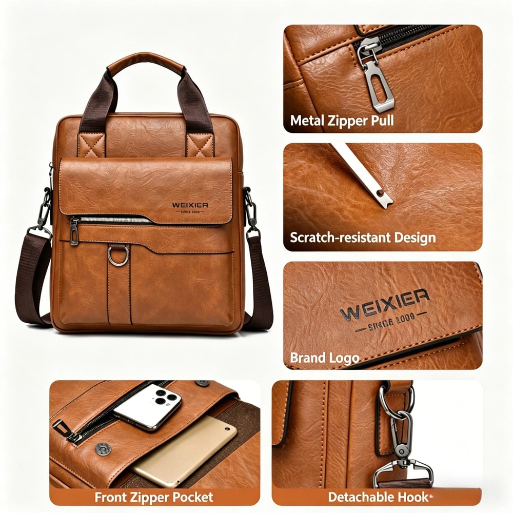 Mens PU Leather Vertical Messenger Bag for Work and Travel