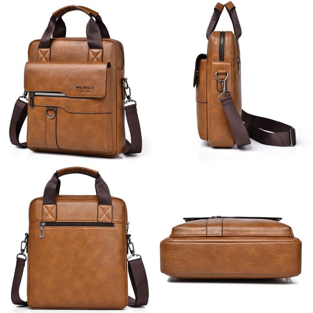 Mens PU Leather Vertical Messenger Bag for Work and Travel