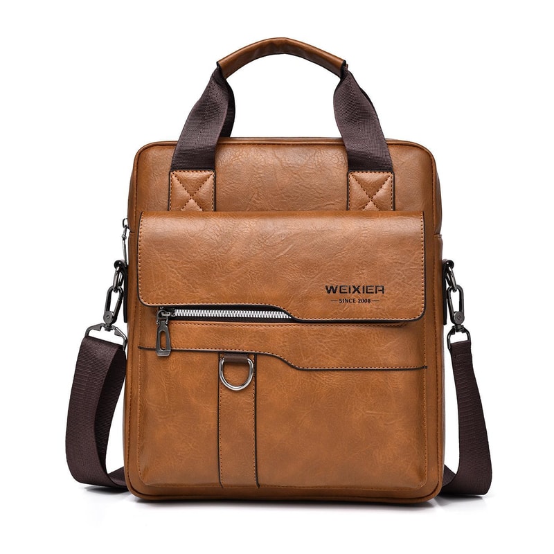 Mens PU Leather Vertical Messenger Bag for Work and Travel