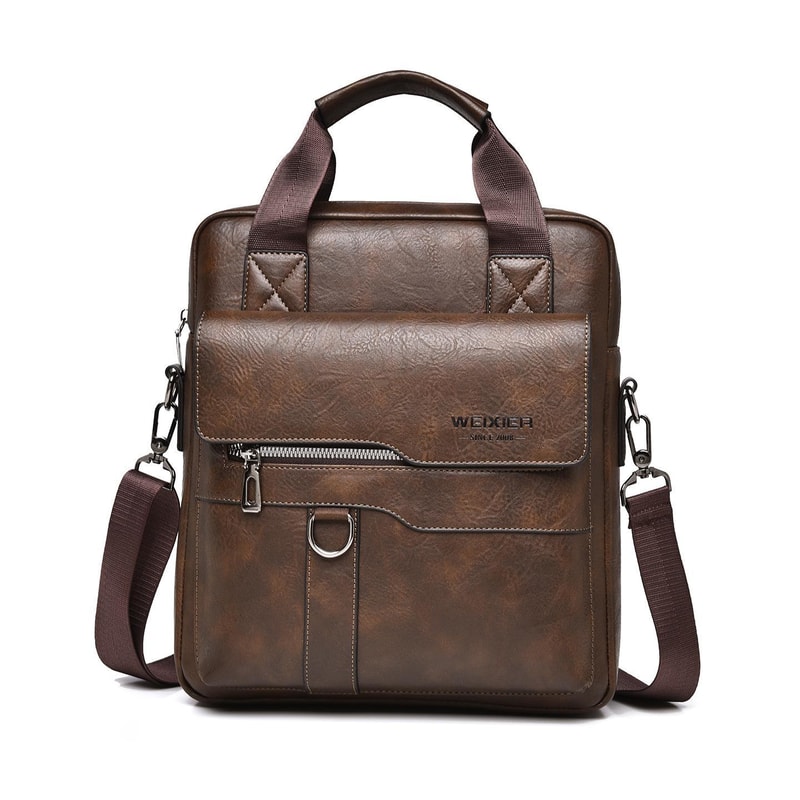 Mens PU Leather Vertical Messenger Bag for Work and Travel
