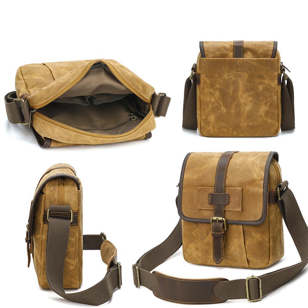 Mens Waxed Canvas Crossbody Bag Vintage Leather Messenger Bag for Daily Commute