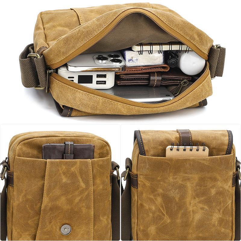 Mens Waxed Canvas Crossbody Bag Vintage Leather Messenger Bag for Daily Commute