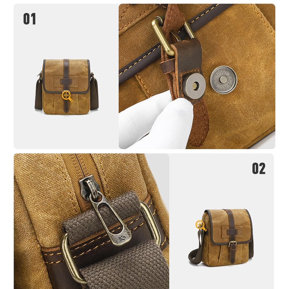 Mens Waxed Canvas Crossbody Bag Vintage Leather Messenger Bag for Daily Commute