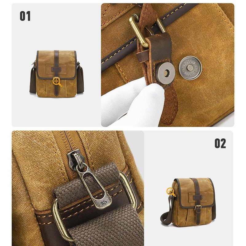 Mens Waxed Canvas Crossbody Bag Vintage Leather Messenger Bag for Daily Commute