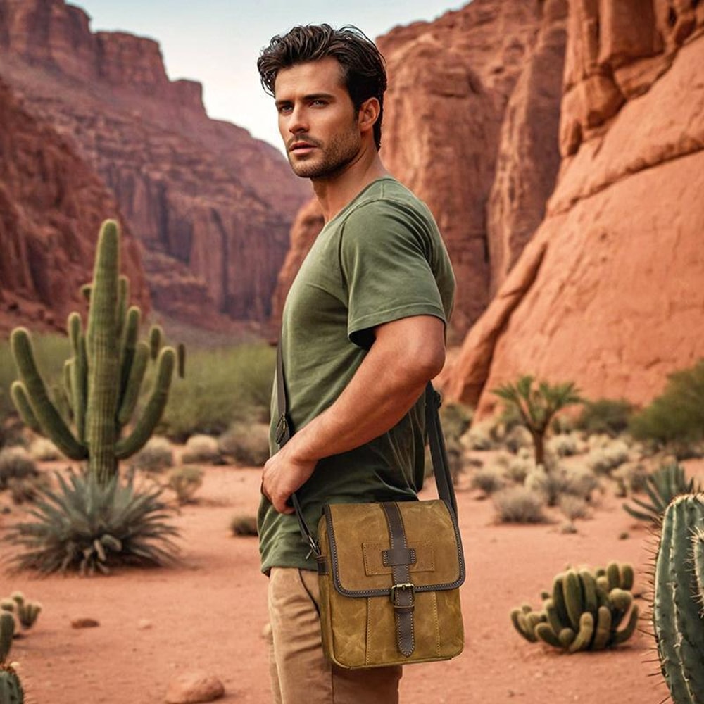 Mens Waxed Canvas Crossbody Bag Vintage Leather Messenger Bag for Daily Commute