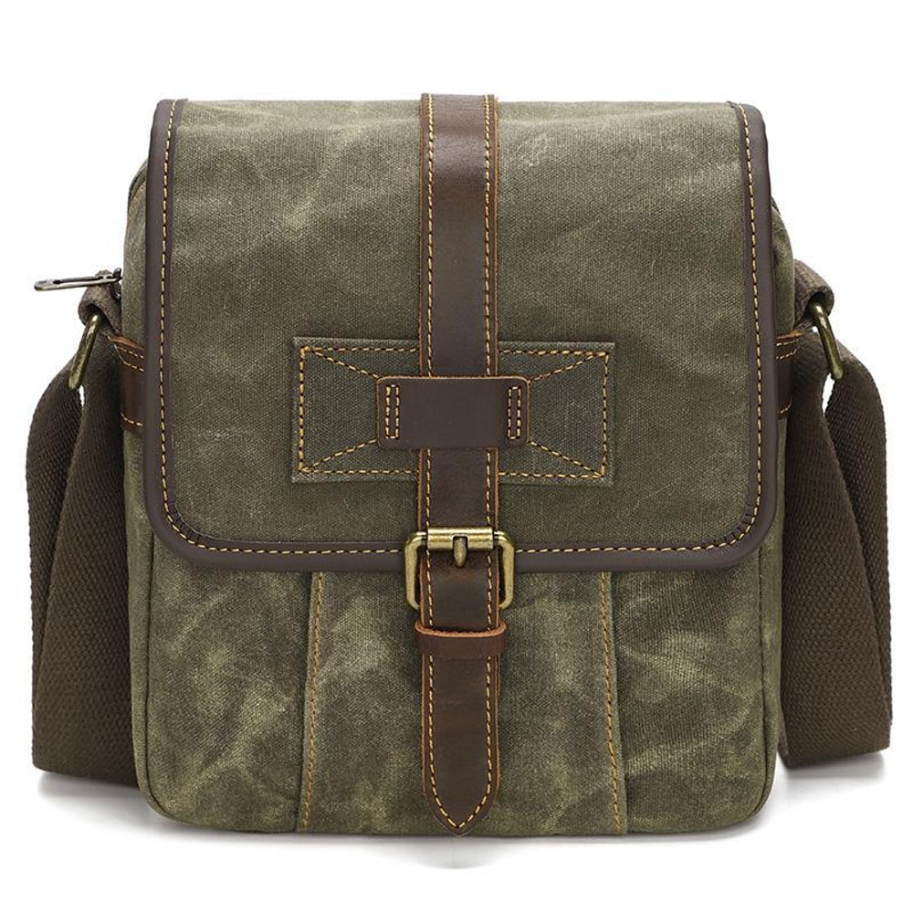 Mens Waxed Canvas Crossbody Bag Vintage Leather Messenger Bag for Daily Commute