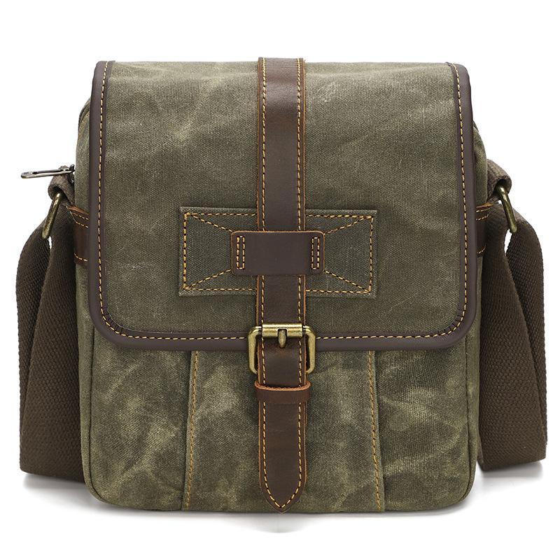 Mens Waxed Canvas Crossbody Bag Vintage Leather Messenger Bag for Daily Commute