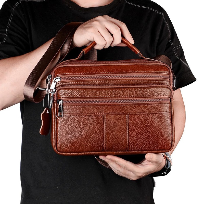 Luxury Top Grain Leather Handbag Brown Multi Functional Shoulder Bag 8