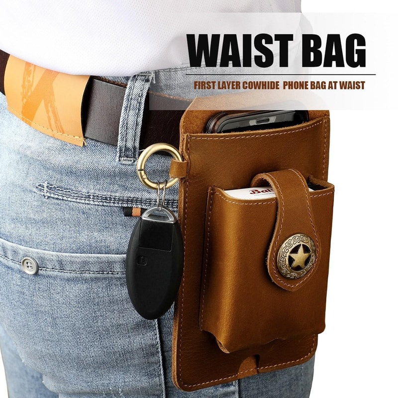Genuine Leather Mens Belt Pouch Outdoor Mobile Phone Waist Bag